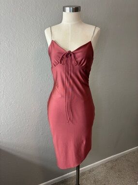 Asymmetrical Slip Dress with Tie Front - Rose